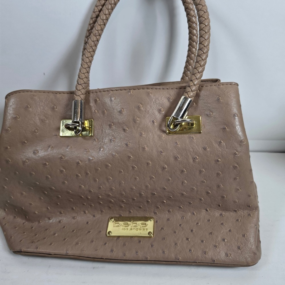 Bebe Los Angeles Ostrich Embossed Satchel Handbag Taupe Braided Handle Gold Tone